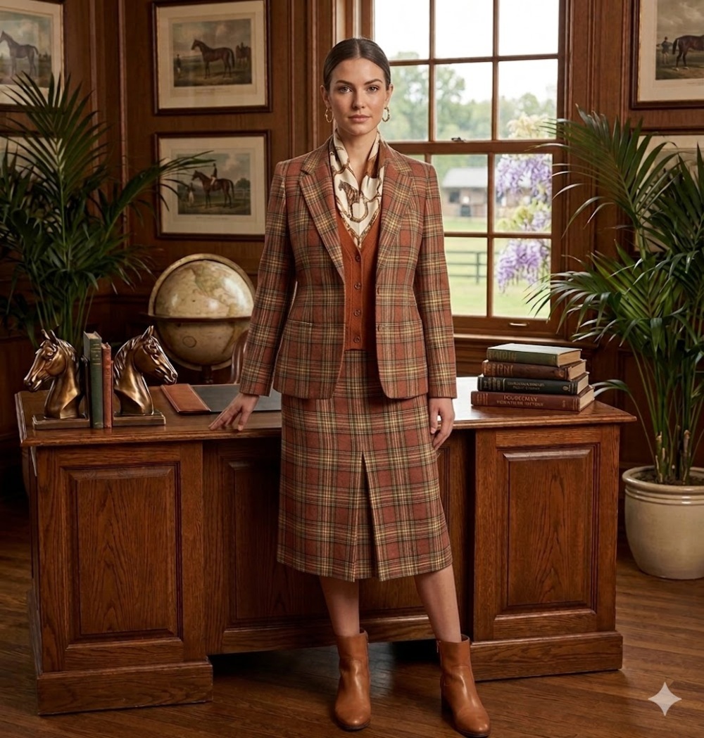 Vintage Blazer Skirt Set MultiColor brown Plaid 100% Pure Wool Size 10 Fall
